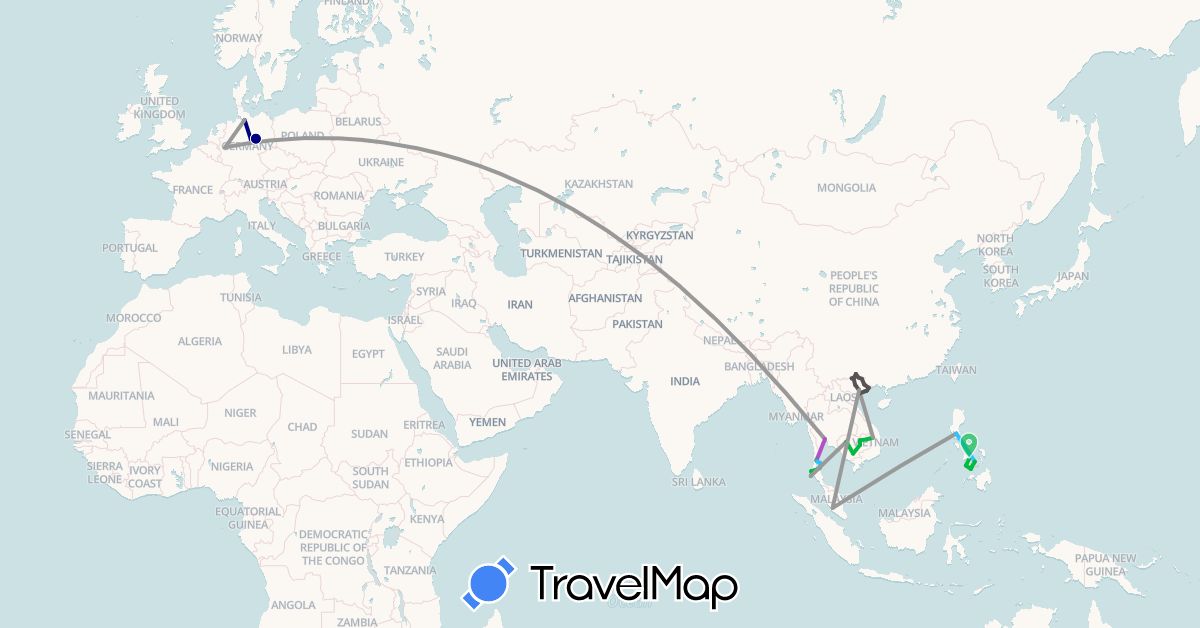 TravelMap itinerary: driving, bus, plane, train, boat, motorbike in Germany, Cambodia, Malaysia, Philippines, Thailand, Vietnam (Asia, Europe)